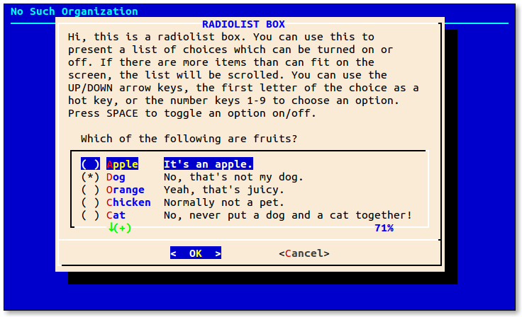 Screen shot of the radiolist dialog